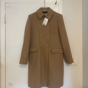Mango Women’s Double-Breasted Wool Tan/Beige Pea Coat with Gold Buttons